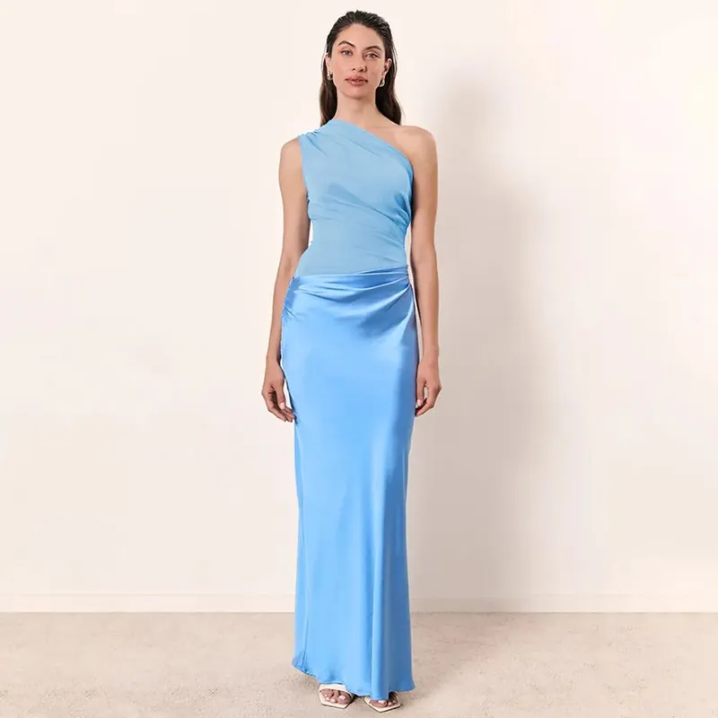 Patchwork Satin Sexy Dress Women One Shoulder Brown Sleeveless Evening Maxi Dress 2025 New Summer Elegant Party Clubwear Dresses — image 5