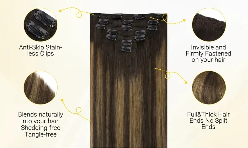 Sunmofavo Clip In Human Hair Extensions Straight Natural Light Brown Honey Ombre Balayage Black Hair Pieces For Women Full Head