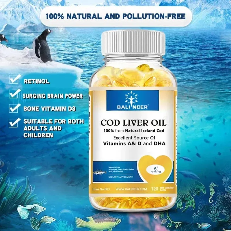Natural Cod Liver Oil Softgels - Rich in Omega-3 EPA DHA Vitamin A D - Supports Heart Brain Immune Joint and Eye Health