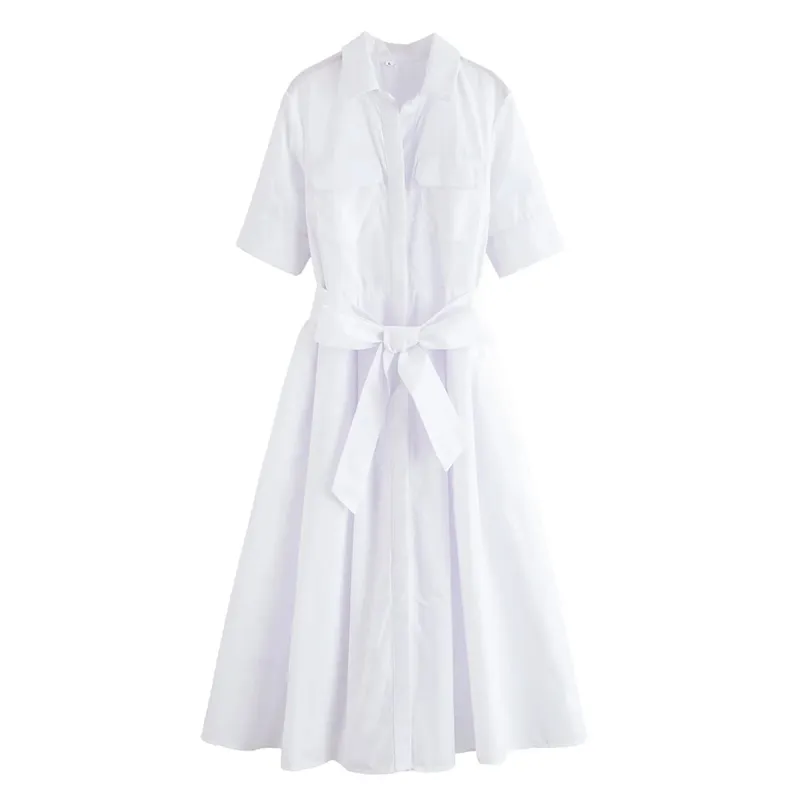 HH Women Summer Lapel Short Sleeve Pocket Single-Breasted Belt Decorate Midi Dress Female Fashion Shirt Style Pleated Dress