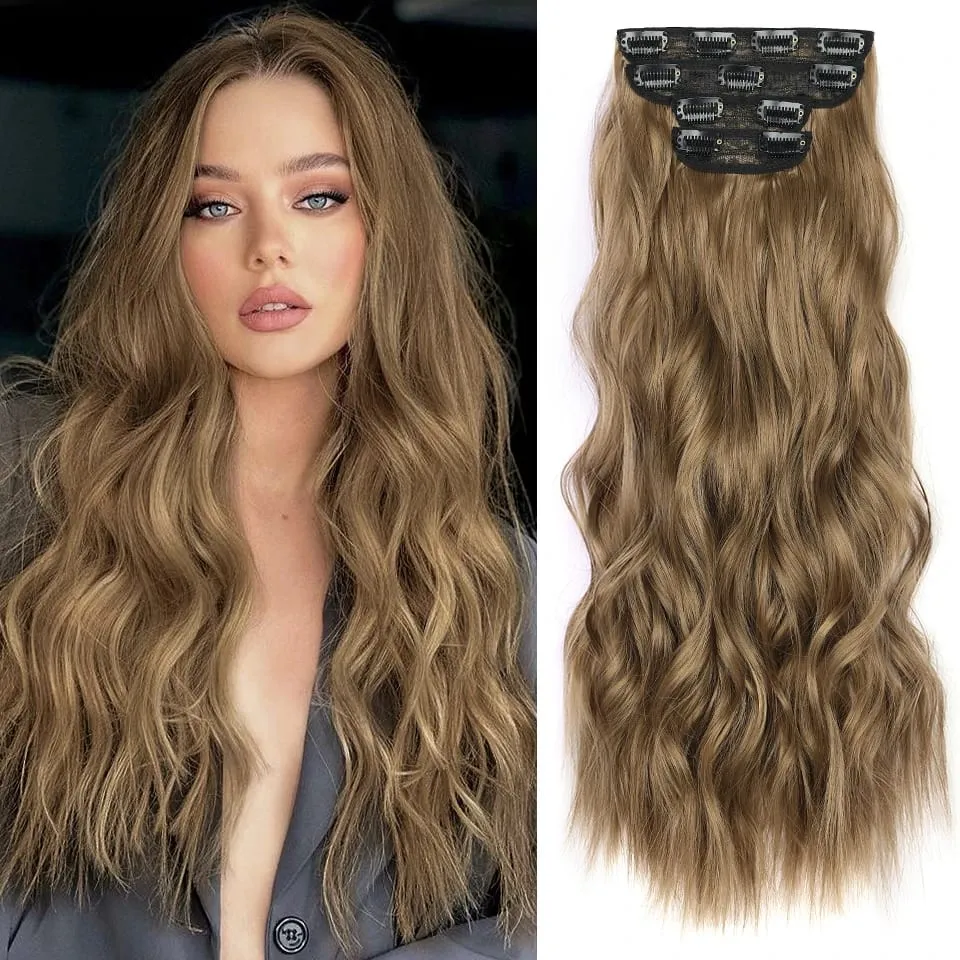 Clip in Synthetic Hair Extensions Long Wavy 4PCS Thick Hairpieces Black Fiber Natural Hair Extensions 20 Inch for Women Girls — image 2