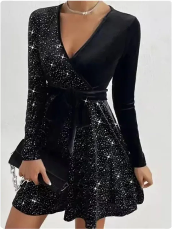 Women's V-neck Sexy Long Sleeved Sequined Solid Color Dress High Street Fashion Elegant Party Evening Dresses — image 3