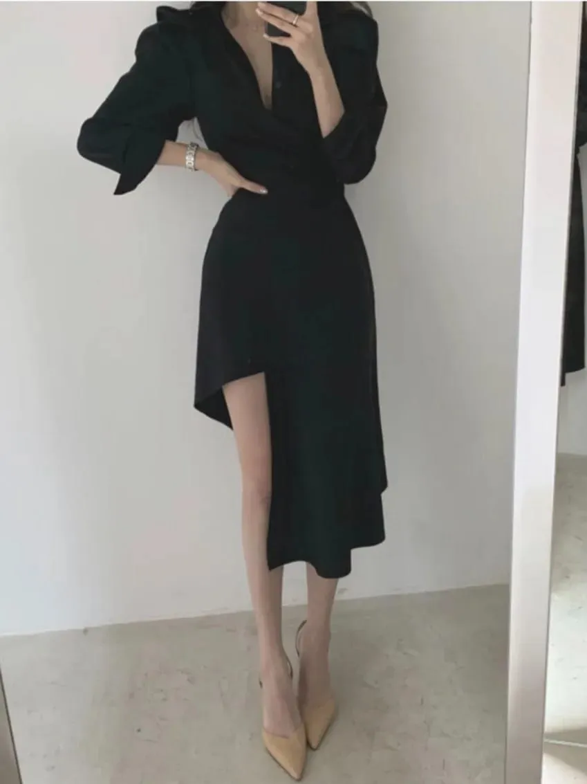 Early Autumn Shirt Dress Women's Mid-Length Asymmetrical Single-Button Notch Collar Slimming Style Commute Fashion — image 5