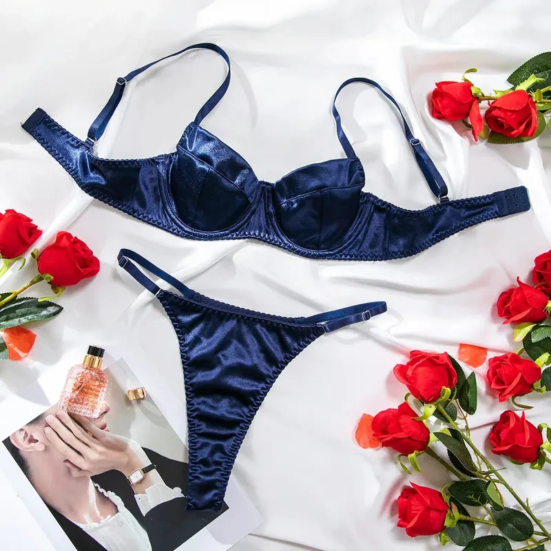 Seksi Mewah Satin Pepejal Pakaian Dalam Nipis Set Bra & Thong Perhimpunan Manis Gadis Fesyen Baharu Pakaian Dalam Elegan Kehidupan Seharian