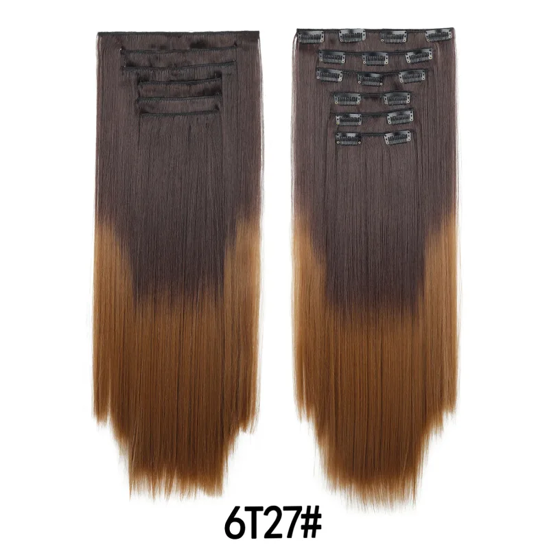 6 ks 24palcových Ombre Color Clip-in prodloužení vlasů Dlouhé syntetické rovné příčesky Vrstvené měkké neviditelné Clip In prodloužení — image 11