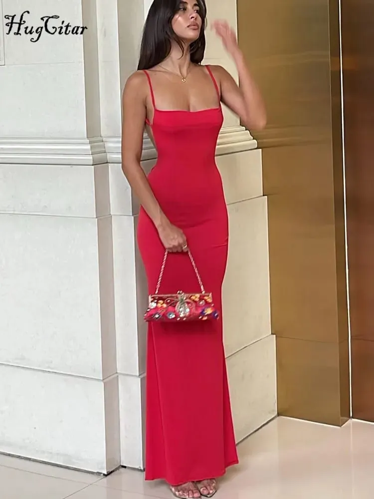 Hugcitar Summer Solid Sleeveless Backless Elegant Sexy Bodycon Y2K Maxi Prom Dress Women Clothes Birthday Party Casual Y2K — image 3