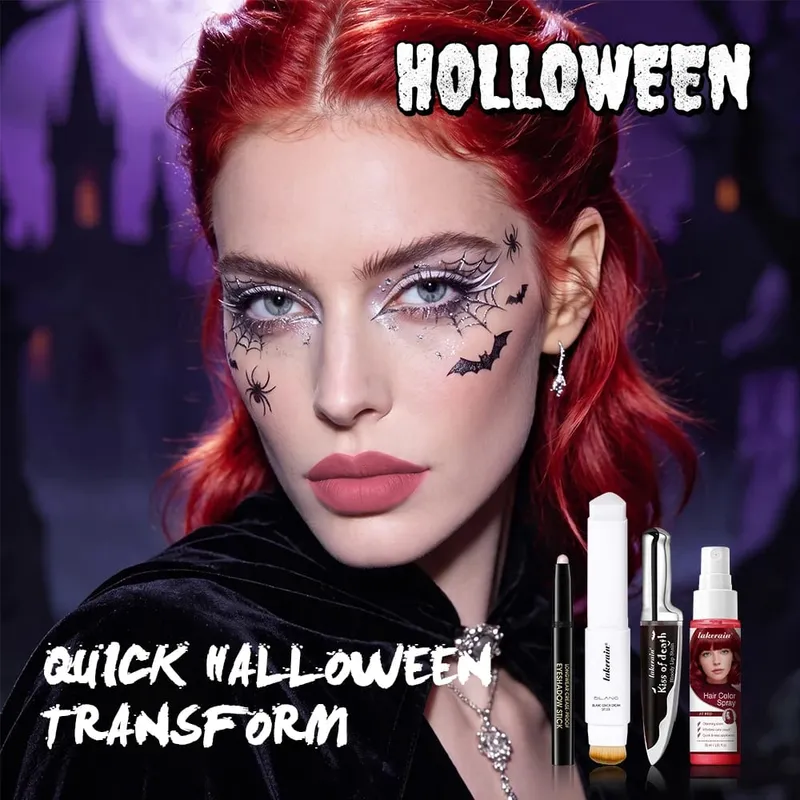 5pcs Goth Halloween Makeup Set Foundation Stick Red Temporary Hair Color Spray Lip Stain Eyeshadow Stick Cosplay Party Makeup — image 1