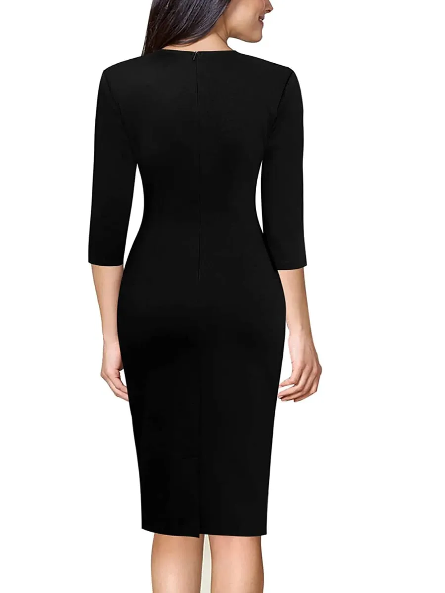 Women Elegant Business V Notch Neck 3/4 Sleeve Autumn Office Work Knee Length Bodycon Dress Geometric Print Patchwork Slim Fit — image 3
