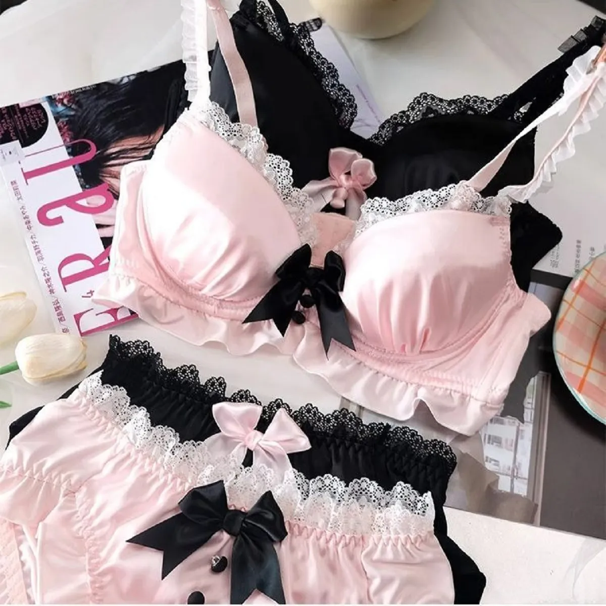 Embroidered Ruffled Shell Women Bra Underwear Cute Sweet Push Up Bra Panties Set Fresh Bow Triangle Cup Girl Lingerie Set — image 5