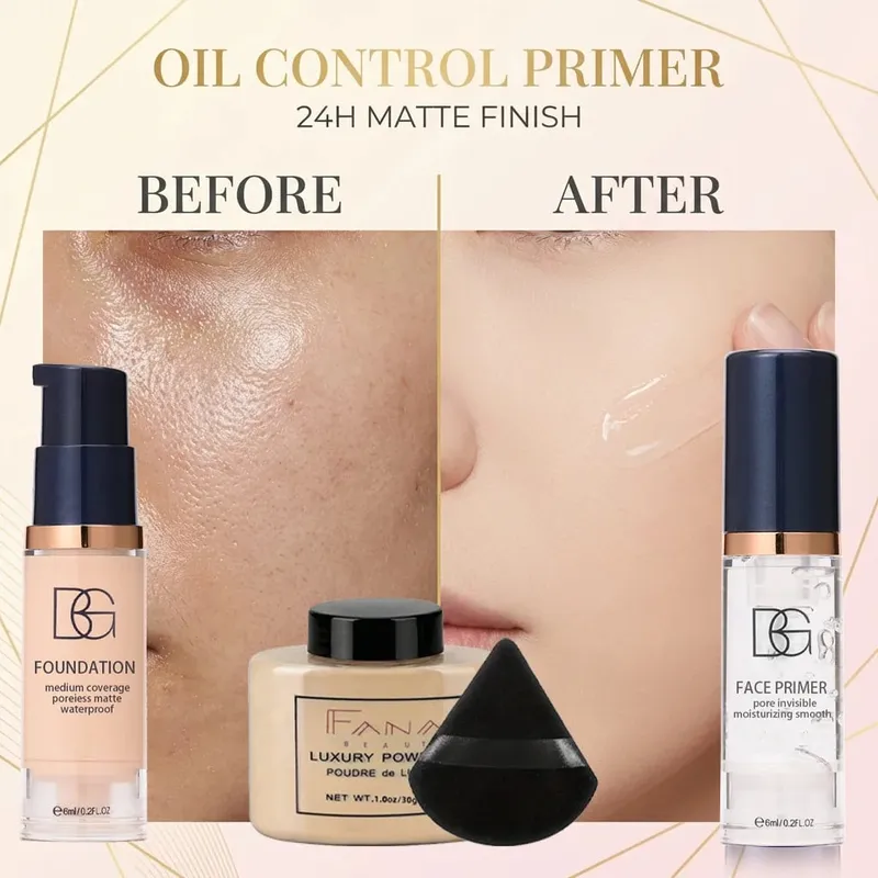 4-Pcs Set Face Makeup Bundle - Smoothing Primer Matte Foundation Setting Powder with Puff - Long-Lasting Waterproof Value Pack — image 3
