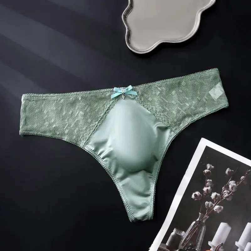 Men's Thong Underwear Made of 81.7% Polyester 18.3% Spandex Ice Silk Blend with Lace Trim and 3D Bulge Pouch Solid G String — image 3