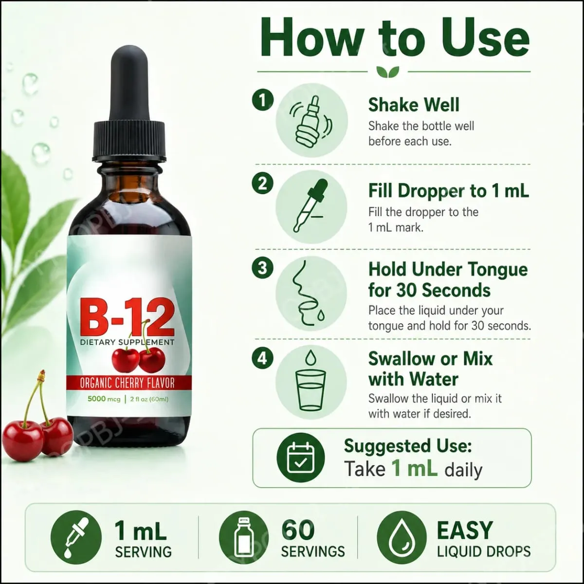 Vitamin B12 Methylcobalamin Liquid Drops 5000 mcg třešňová příchuť 2 fl oz 60 porcí Veganský denní doplněk bez cukru