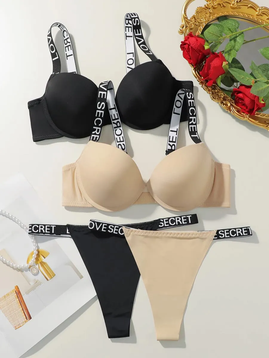 Viomisha Sexy Bras Set Push Up Bra with Letter Shoulder Strap Women Solid Everyday Underwear Panty Set Daily Lingerie Outfit S-L — image 1