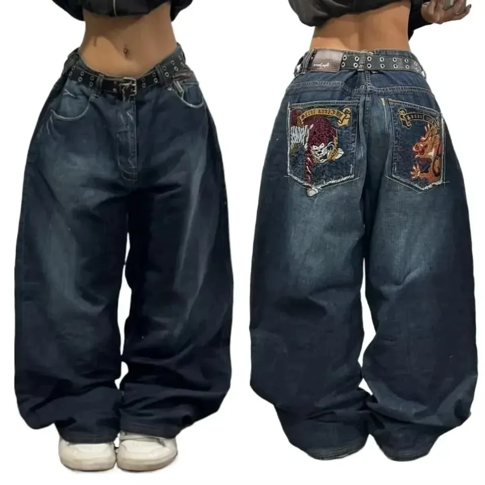 90s Gothic Centipede Embroidery Washed Oversized Wide-Leg Pants Jeans Men Y2K New Harajuku Punk Hip-Hop Rock Couple Street Wear — image 18