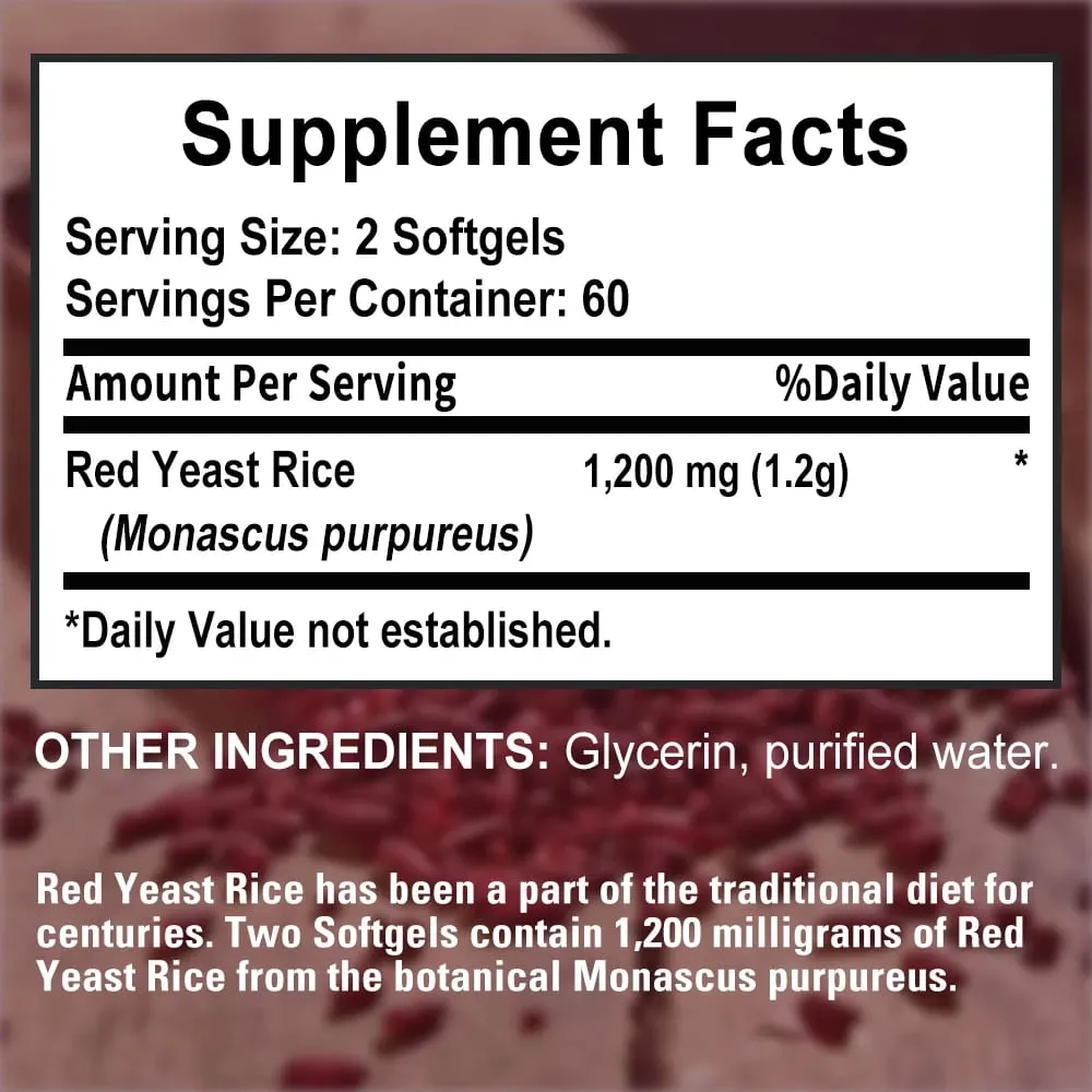 Red Yeast Rice 1200 Mg - Promotes Heart Lipid Blood Sugar and Cardiovascular Health Supports Healthy Cholesterol