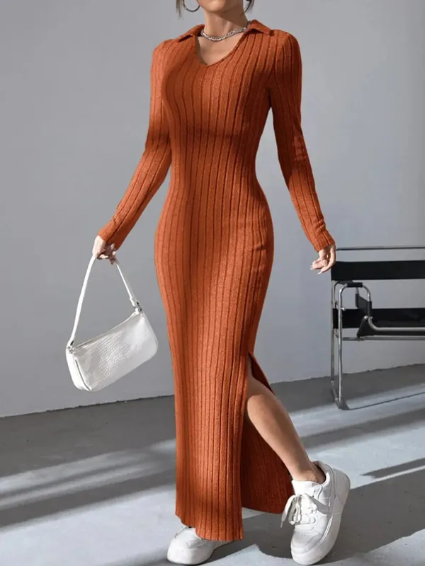 Spring and summer 2024 new style knitted slim lapel long sleeve dress pit strip solid color tight skirt — image 6