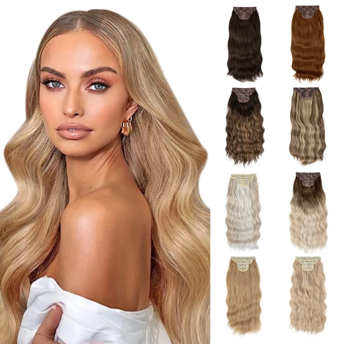 22" 4pcs/set Synthetic Clip In Hair Extensions Elegant Long Wavy Thick Hairpiece Daily Use Brown Blonde Natural Fake Hair — image 2