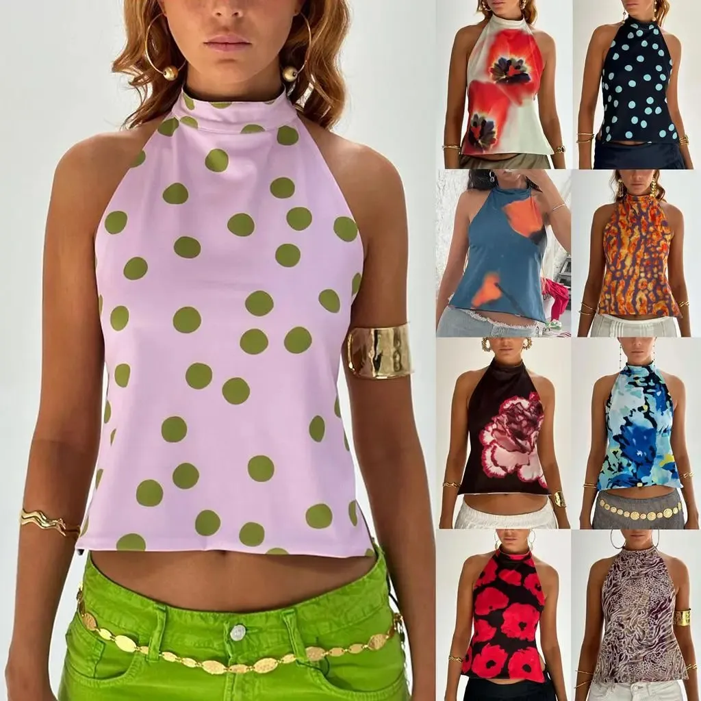 Combhasaki Women's Y2K Button Closure Halter Neck Crop Tops Sleeveless Backless Aesthetic Dots/Tie-dye Flower Print Summer Vests — image 2