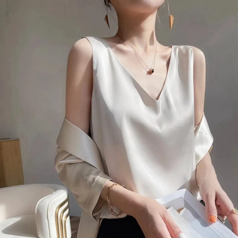 Ladies Silk Suspenders Solid Satin Vest Spring Autumn 2022 New Wild Pullover Tops Women Interior Front/Rear V-Neck Summer Thin — image 2