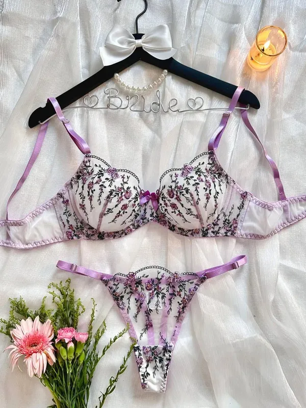 Exotic Fairy Lingerie PushUp Bra Embroidered Tulle Sheer Mesh 3Piece Transparent Intimate Wear for Women — image 8