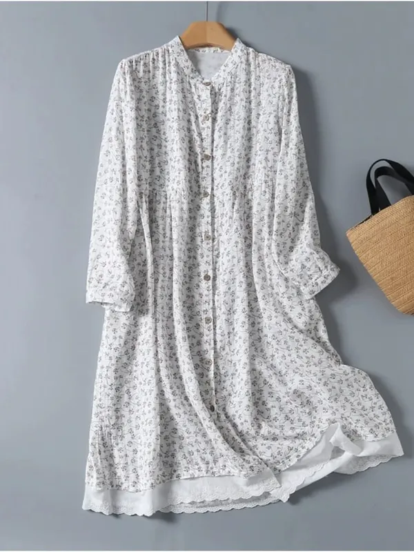 8 Colors -- Lamtrip-Retro Floral Cotton Yarn Long Sleeve Single Breasted Robe Casual Soft House Dress 2025 Spring — image 2