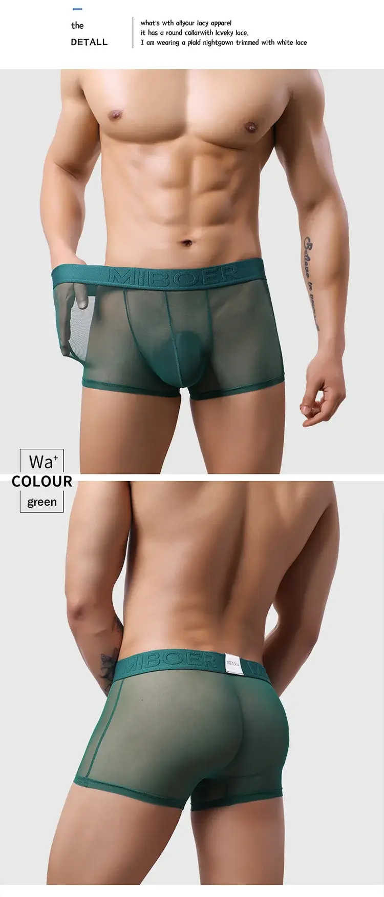 Men's Transparent Full Mesh Boxer Briefs See-Through Underwear Low Rise U-Pouch Breathable Sexy Low-Rise Elastic Waistband