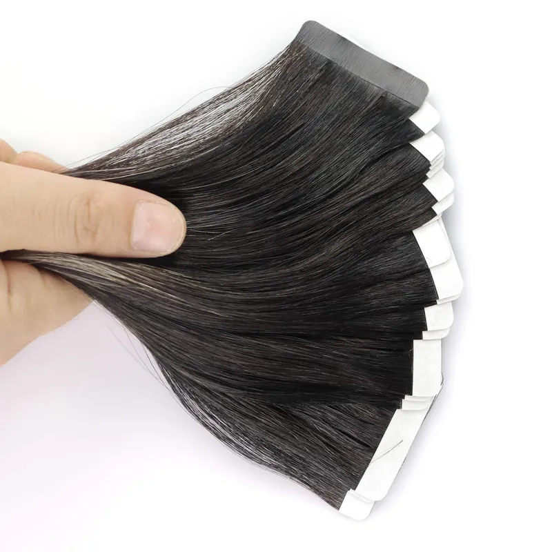 Moresoo Human Hair Extensions Tape in Invisible Balayage Hair Extensions 50G Machine Remy Straight Tape in Natural Straight Hair