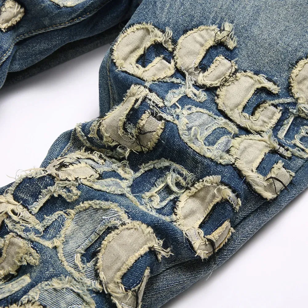 Men Letters Patch Embroidery Denim Jeans Streetwear Release Hem Distressed Pants Retro Vintage Blue Slim But Cut Flared Trousers — image 4