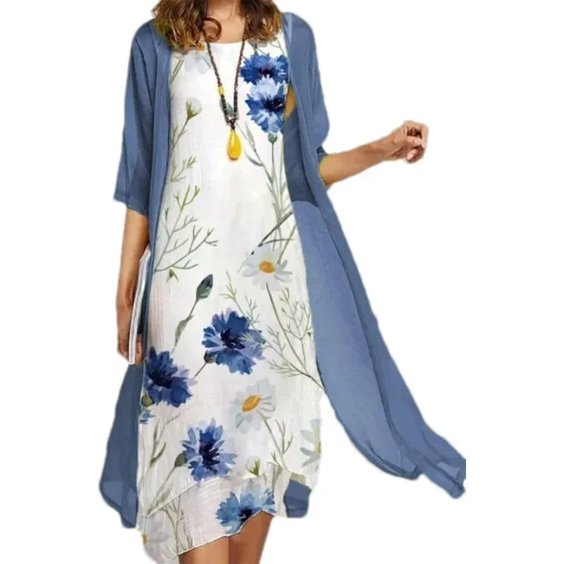 2025 new! Eu-us Summer Women's casual elegance 2 printed crew-neck loose dress sweater coat set — image 6