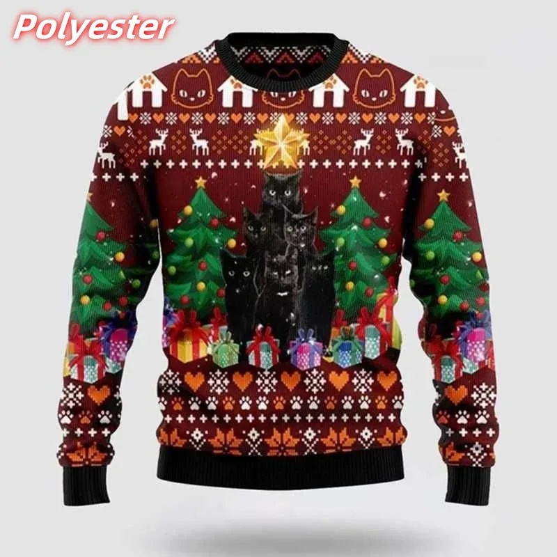 Felpa con cappuccio da uomo con fiocco di neve con gatto stampato in 3D Felpa con motivo regalo di Natale Pullover casual a maniche lunghe con cappuccio girocollo
