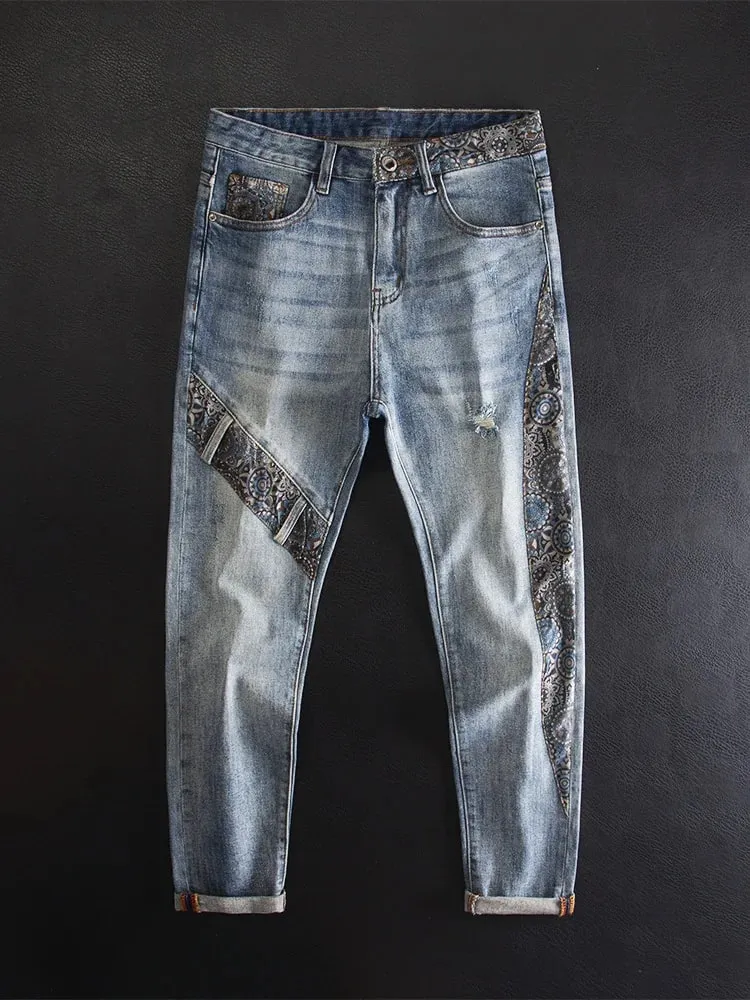 Vintage Patchwork Men's Jeans with Rips Fashionable Print Unique Trendy High-end Slim Fit Skinny Pants — image 8