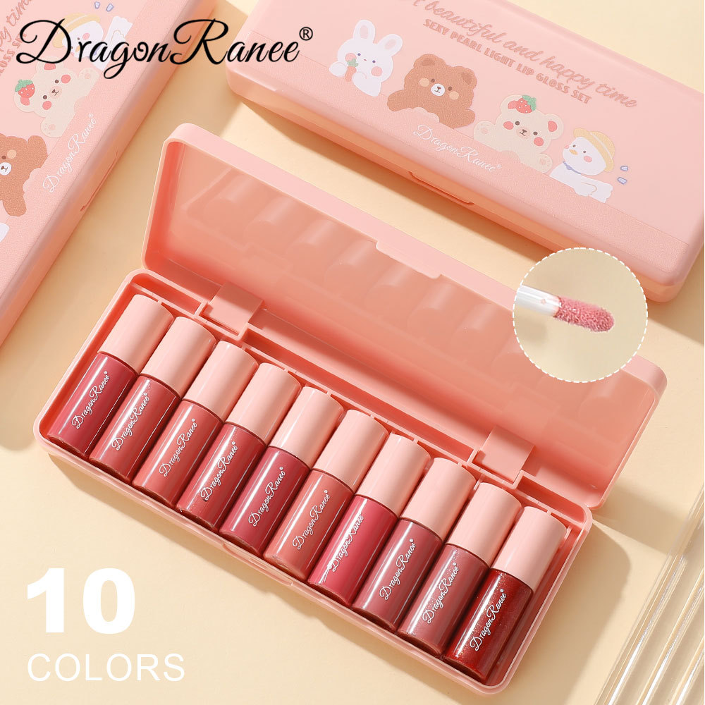 10Pcs/Box Mini Lip Gloss Set Waterproof Cartoon Lip Glaze Long Lasting Moisturizing Mirror Liquid Lipstick Cosmetic Lips Makeup