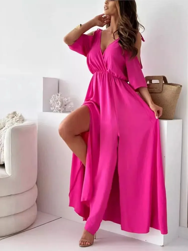 ฤดูร้อน V คอกระโปรง Slit Dress Off-ไหล่เซ็กซี่สปาเก็ตตี้ชุดเดรสแฟชั่น Elegant หลวม Beach Dresses Robe femme