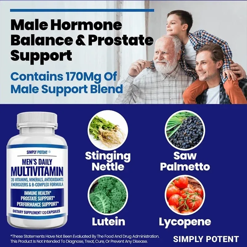 Daily Multivitamin for Men for Prostate Energy Concentration Metabolism Immunity Vitamins: A C D E (B1 B2 B3 B5 B6 B7 B9 B12)