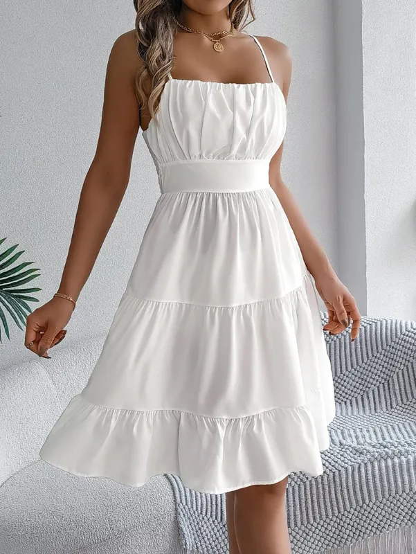 Casual Vacation Ruffled Camisole Dress Spring Summer Women's Solid Dresses for 2026 Valentine's Day Woman Clothing Pink Blue — image 14