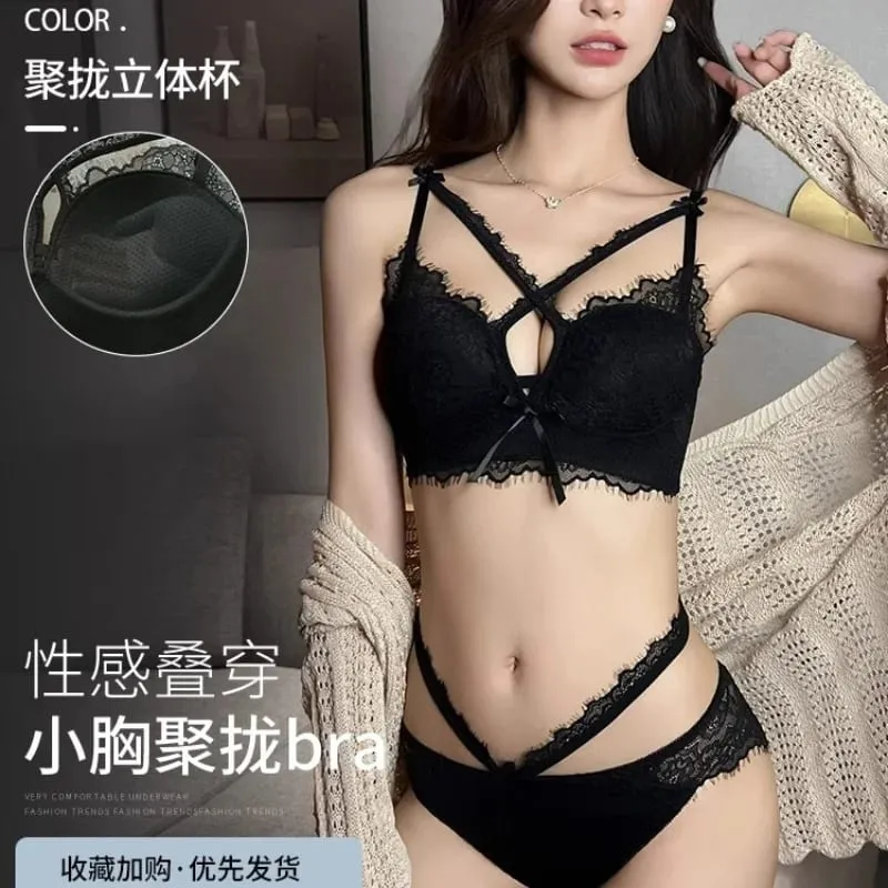 Japanese Kawaii Lace Bralette Set - Crisscross Straps Push-Up for Small Bust Wire-Free Cutout Bra Enhancer & Sexy Gather Effect — image 11