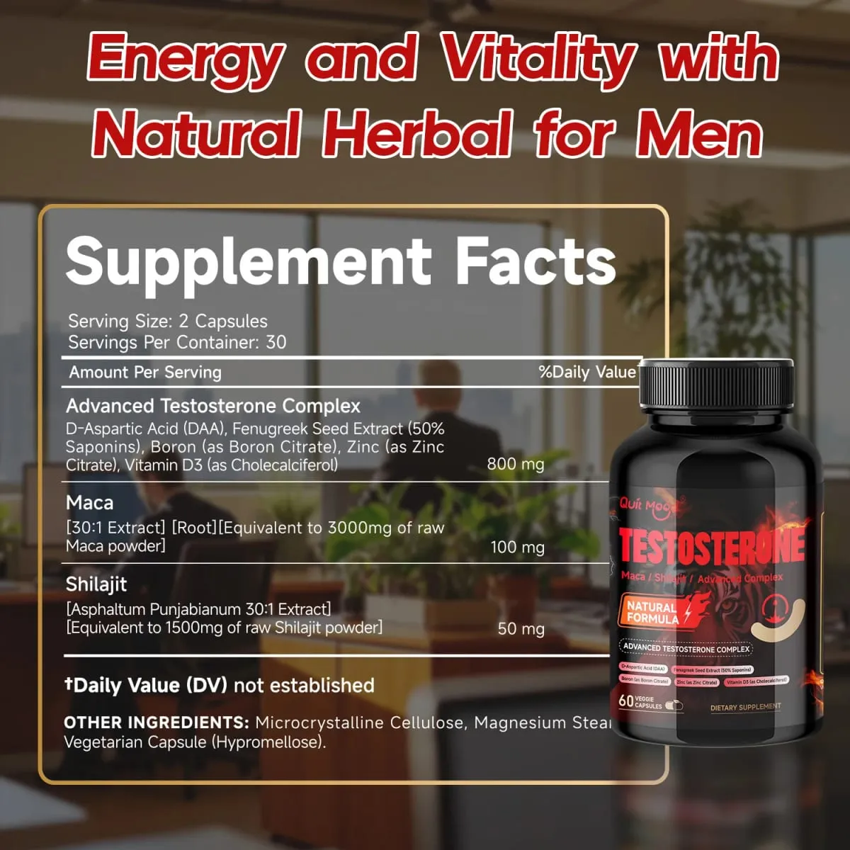 Quit Mood Men's Testosterone Capsules | 100mg Maca & 50mg Shilajit & More | Hormone Balance & Stamina Enhancer – 60 Capsules — image 3