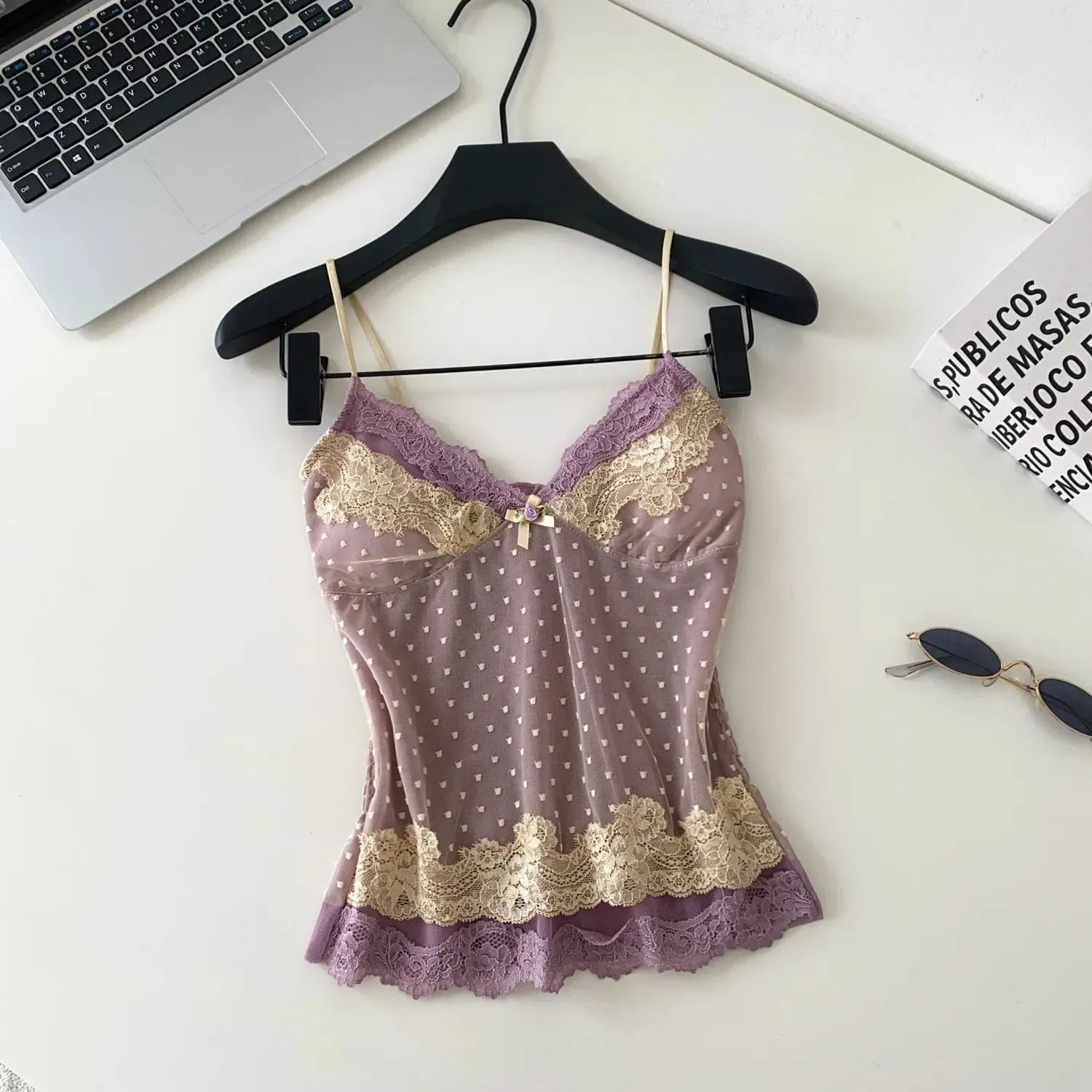 Haut en dentelle en maille à pois, col en V français froncé, extensible, Slim, dos nu, débardeur d'été Y2K, Camisole paresseuse sensuelle — image 8