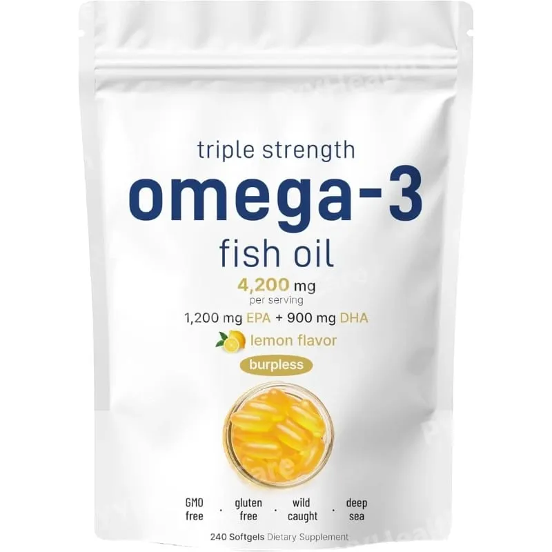 Suplementos de óleo de peixe ômega 3 de força tripla 4200 mg Burpless com sabor de limão EPA 1200 mg DHA 900 mg 240 cápsulas gelatinosas — image 5