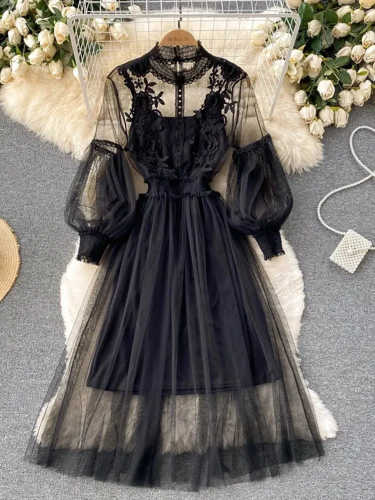 Ladies Dress Three-dimensional Flower Hook Mesh Temperament Stand Collar Lantern Sleeve High Waist Slim Female Dresses — image 6