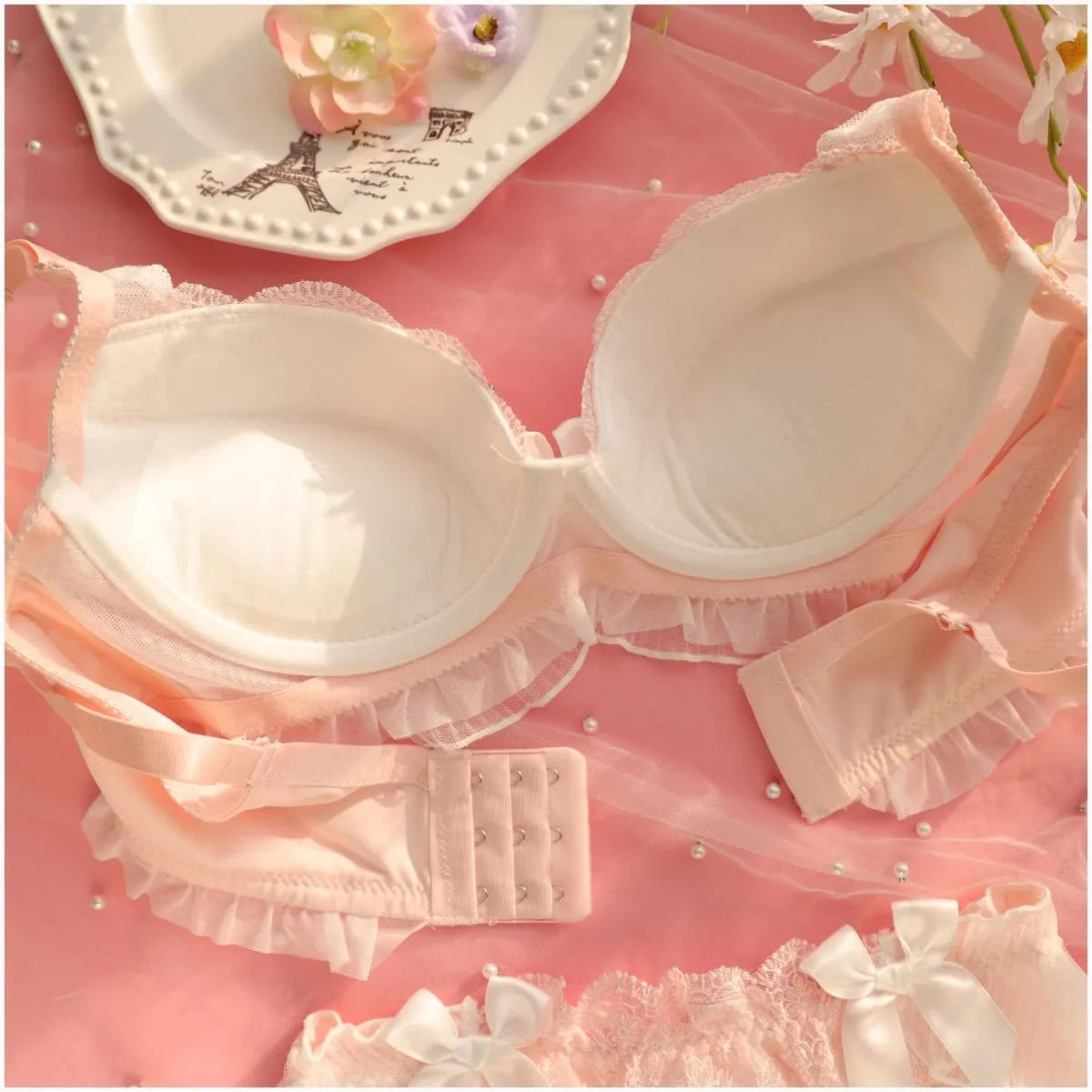 Stickerei dünne Abschnitt gekräuselte Unterwäsche Mädchen süße und schöne Dessous Breifs Sets drei Schnalle geraffte Damen BH-Set — image 5