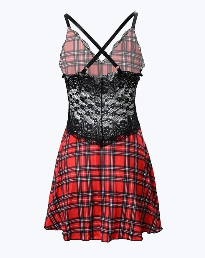 Womens Dresses 2024 여름 격자 무늬 인쇄 Crisscross Backless Sleep Dress 대비 레이스 플 런지 민소매 잠옷 잠옷