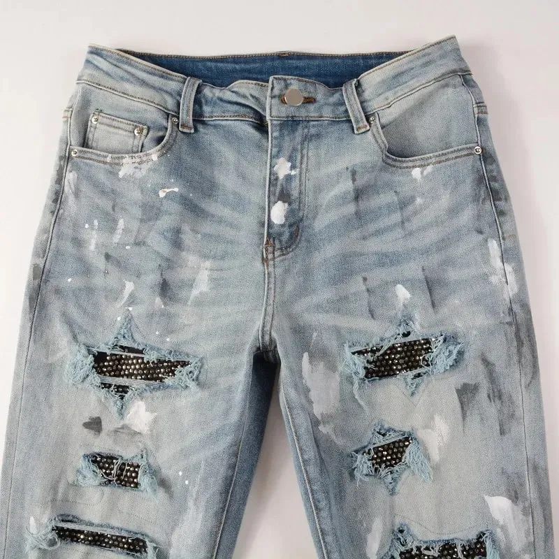 Blue High Street Holes Transparent Crystals Patchwork Stretch Slim Fit Rhinestones Patches Distressed Ripped Graffiti Jeans Men