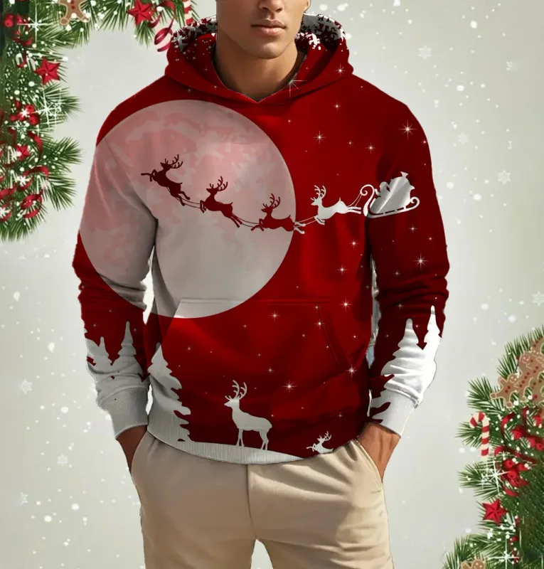 Men's Christmas Reindeer Print Hoodie Animal Cartoon Pattern Sweatshirt Casual Cute Polyester Spandex Blended Hooded Sweatshirt