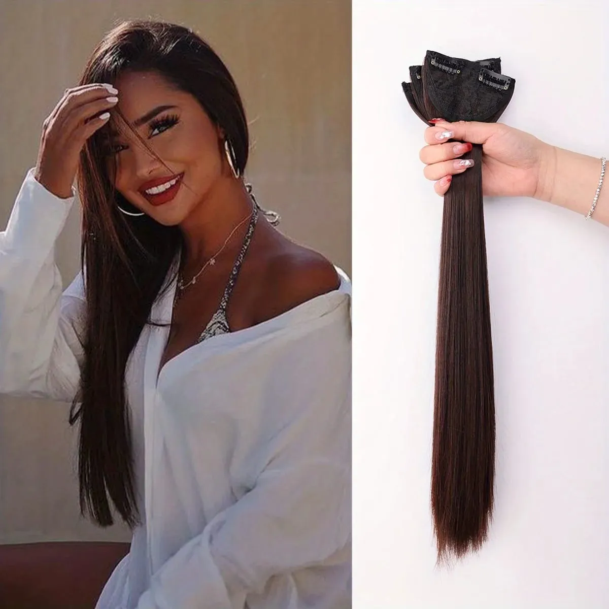 3pcs Set Clip In Hair Extensions Natural Straight 20Inch Synthetic Hairpieces Black Brown Dark Brown Thick Hair For Women Girls