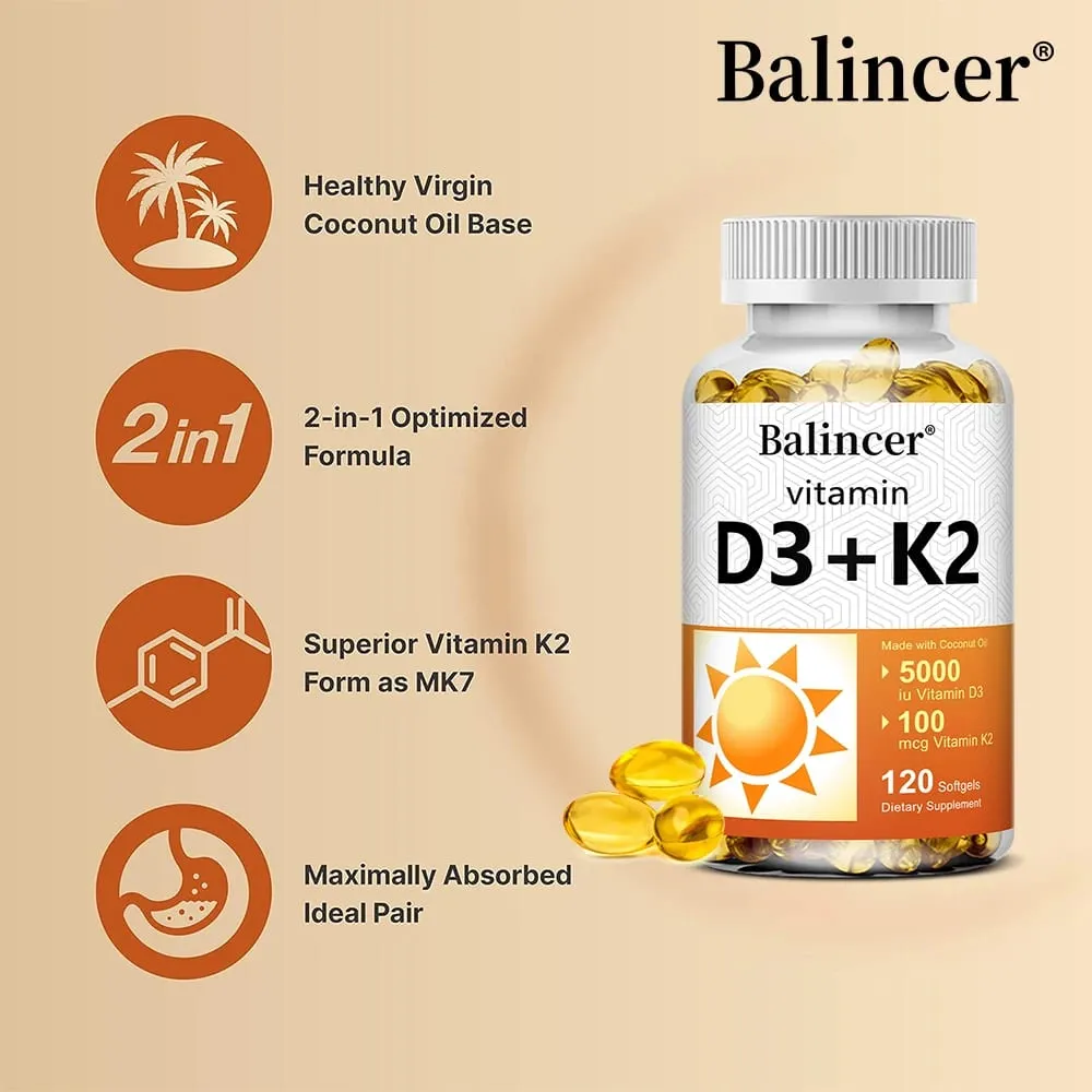 Vitamin D3 + K2 with Organic Virgin Coconut Oil Vegan D3 (5000iu) with MK7 Vitamin K2 (100mcg) Supports Bone Health Supplement — image 3