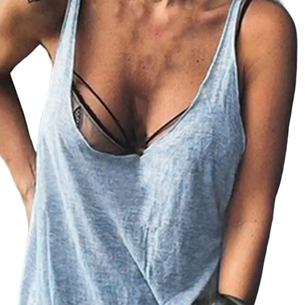Lady Casual Solid Color Loose Tees U-neck Sleeveless Thin Women Vest Low Collar Stretchy Lady Summer Simple T-shirt Streetwear