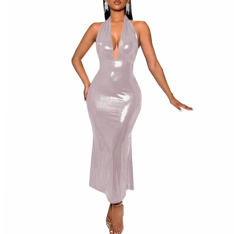 Plus Size Liquid Metallic Halter Dress Ladies Deep V-neck Club Beach Long Dresses Sexy Off-shoulder Backless Suspender Robes