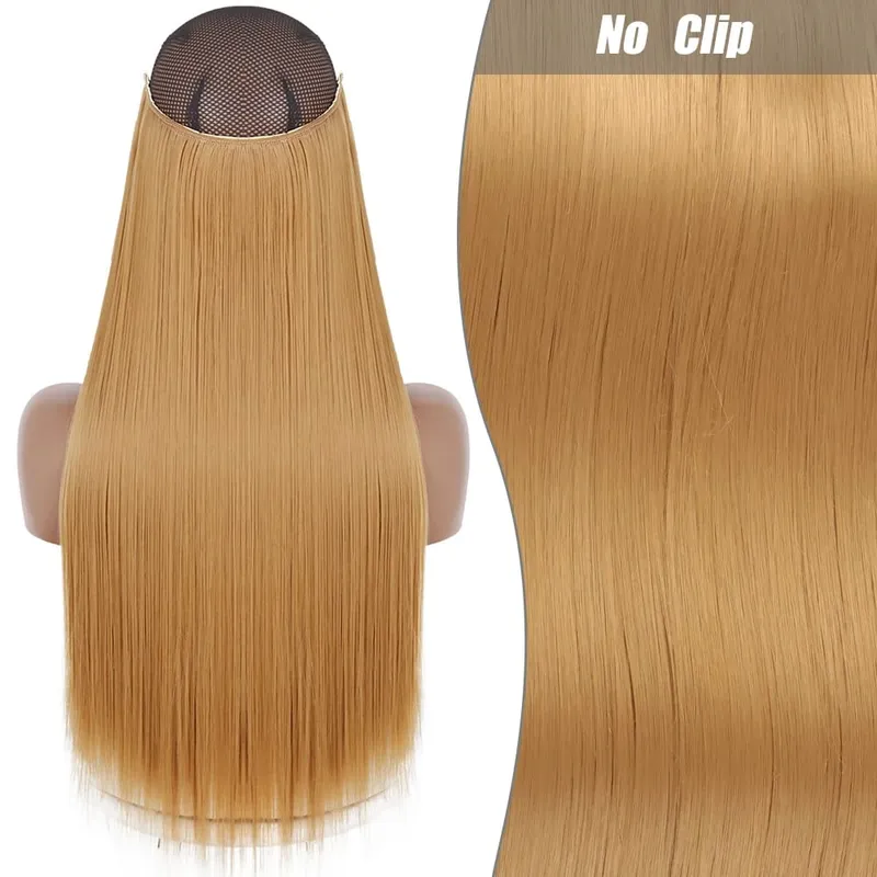 Synthetic Long Wavy No Clips Invisible Wire Hair Extensions Black Brown Blonde Fish Line False Hairpiece Piece — image 21