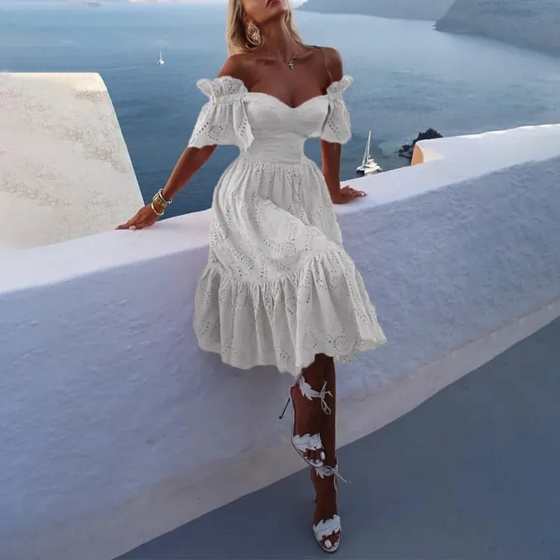 Dress Women Off Shoulder Mid Length Dresses Solid Dot Sexy Splice Tight High Waist V Neck A Line Elegant Slim Fit Vestidos — image 6